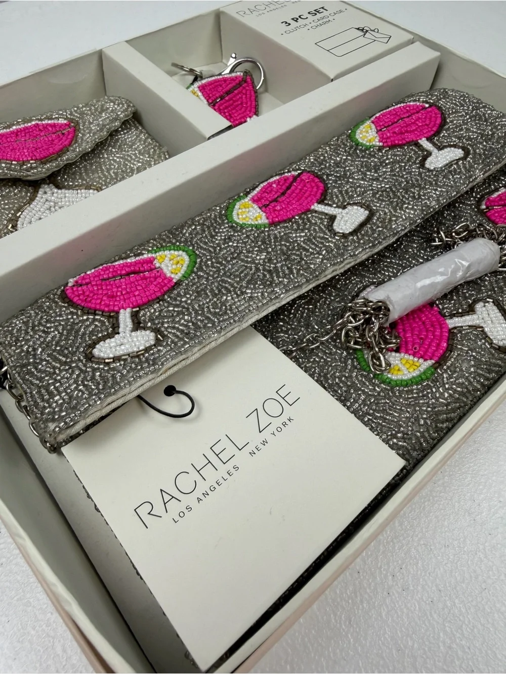 NWT‎ $98 Rachel Zoe 3 Pc Set Beaded Pink Margarita Silver Clutch Card Case Charm